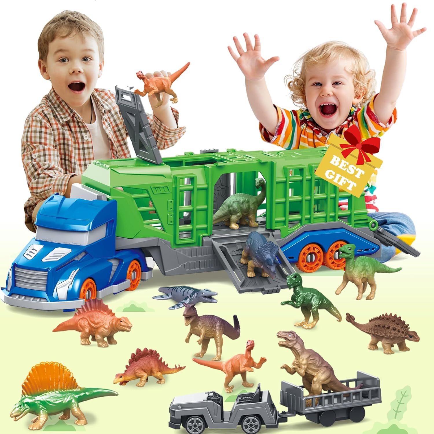 Kids Toys Videos - 恐竜動物輸送車両おもちゃセットには、輸送車両1台、恐竜または動物12体、小型輸送車両2台が含まれます。 輸送車両には回転式キャブと4つの開閉可能なドアが備えています。 3歳以上の子供に適しており、想像力を刺激し、実践的なスキルを養います。 クリスマス、ハロウィン、感謝祭、誕生日に最適な贈り物です。