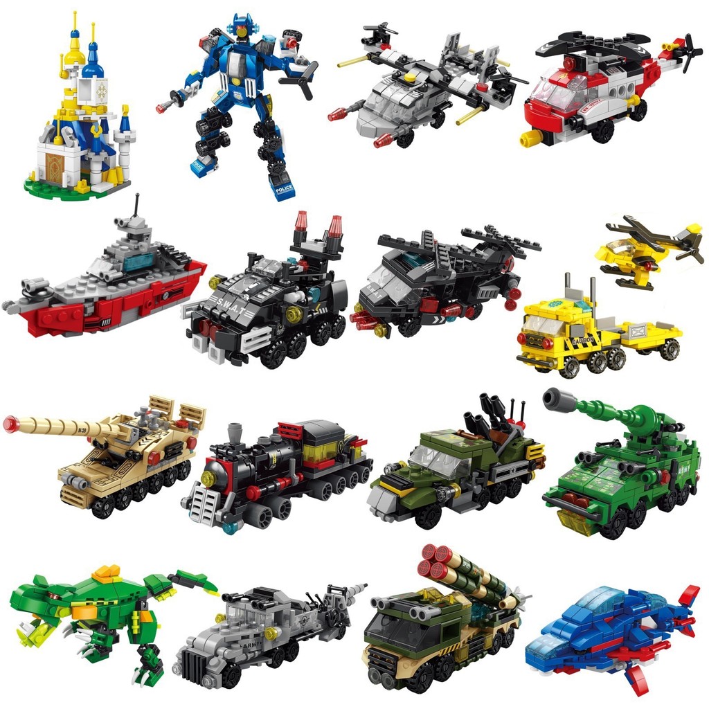 Kids Toys Videos - 6 in 1都市工事車両警察トラックメカ恐竜ビルディングブロック戦車ヘリコプターブロック消防セットおもちゃ子供向け