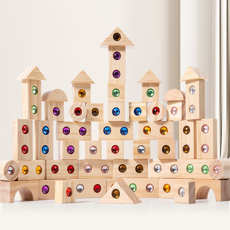 Wooden Blocks Stacking - DIYブロック キラキラアクリルおもちゃ 子供用 木製モンテッソーリ レインボー宝石 スタッキングブロック