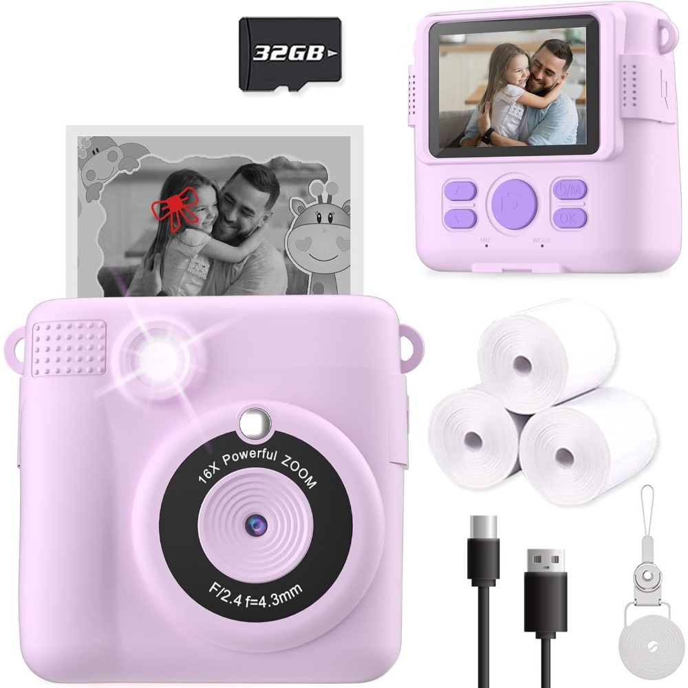 Kids Toys Videos - 子供用インスタントプリントカメラ、HDデジタルビデオカメラ、4～10歳の女の子男の子向けポータブルおもちゃ、32GB SDカード付き-パープル