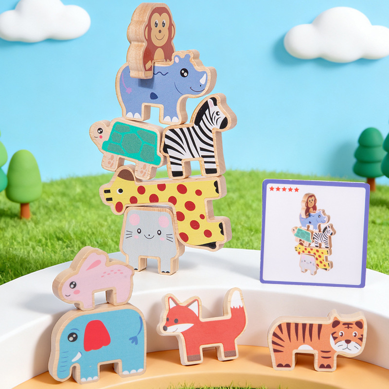 Wooden Blocks Stacking - 木製動物積み木バランスゲーム モンテッソーリ早期学習玩具 子供用バランス感覚トレーニング 微細運動能力トレーニング玩具