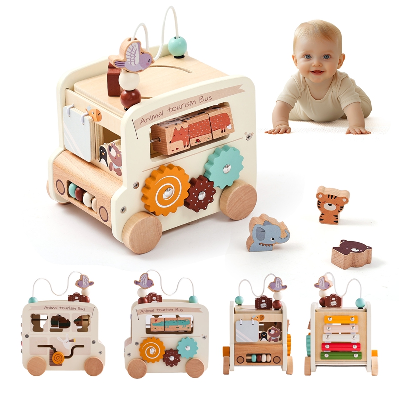 Kids Toys 2 Year Old - モンテッソーリ木製子供用おもちゃ ビジーボックス 知育玩具 バス型 5 in