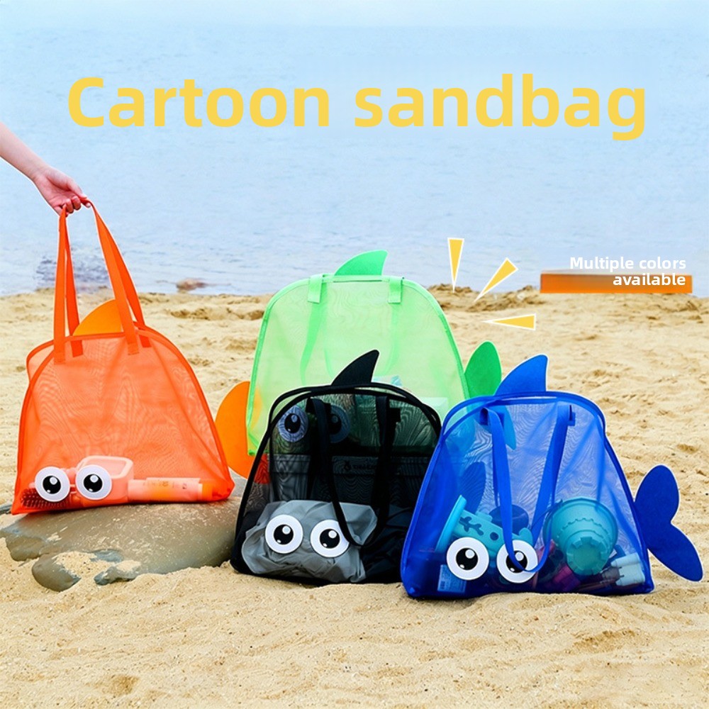 Kids Toys Animal - キッズメッシュビーチバッグ カラフルな漫画のサメ 動物 砂が入らない 速乾性 シェルおもちゃ収納オーガナイザー