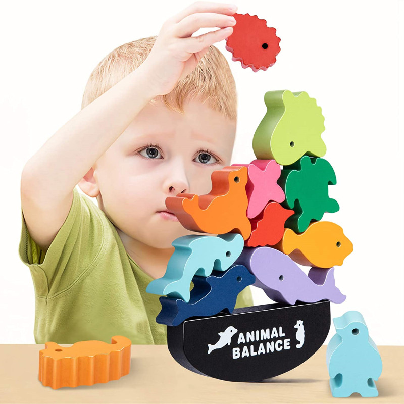Kids Toys Videos - 新しい子供モンテッソーリ木製動物バランスブロックボードゲームおもちゃ恐竜教育スタッキング高ビルディングブロック木のおもちゃ