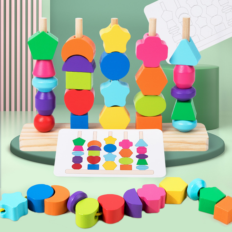 Wooden Blocks Stacking - モンテッソーリ木製ビーズシーケンスおもちゃセット、5列積み重ねカラフルなブロック、レースビーズ、マッチングシェイプスタッカー
