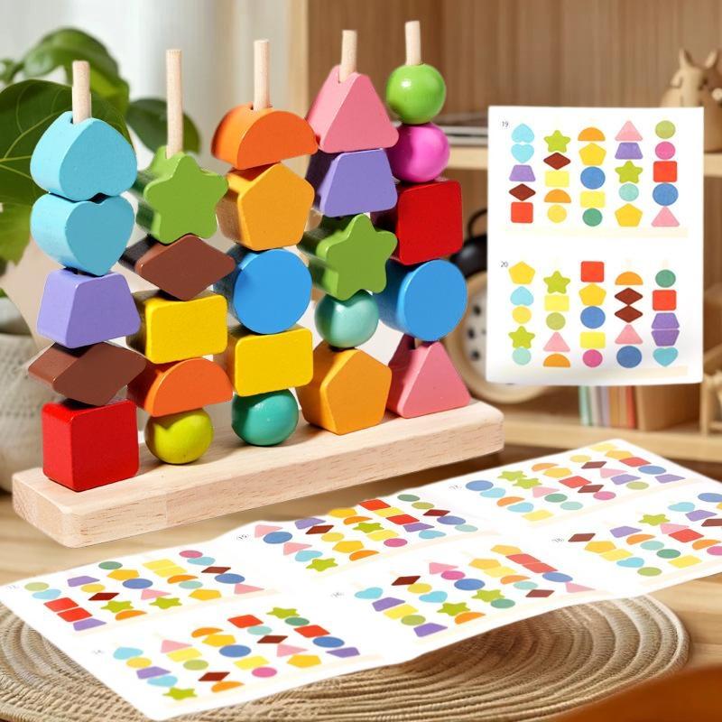 早期学習モンテッソーリ玩具；木製積み木、紐通しビーズ＆形積み - Wooden Blocks Stacking のレビューと価格