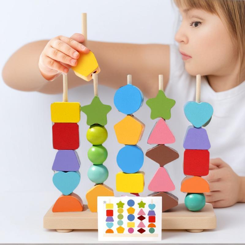 早期学習モンテッソーリ玩具；木製積み木、紐通しビーズ＆形積み - Wooden Blocks Stacking のレビューと価格