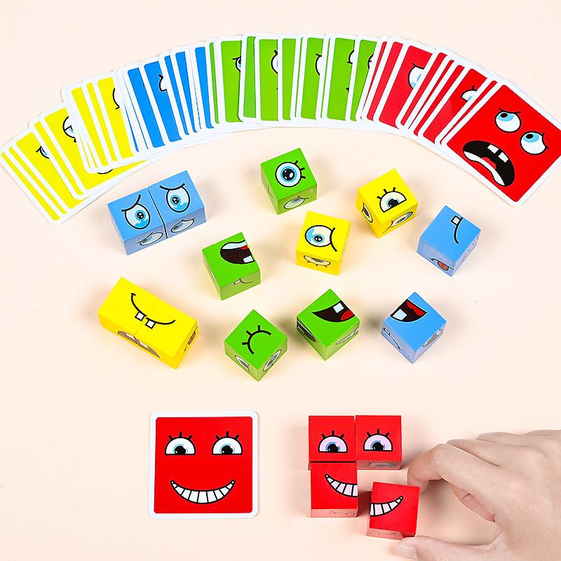 大規模学習教育玩具セットカード絵文字パズル顔変更キューブ木の - Wooden Blocks Stacking のレビューと価格