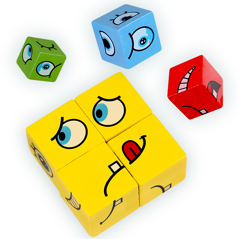 大規模学習教育玩具セットカード絵文字パズル顔変更キューブ木の - Wooden Blocks Stacking のレビューと価格