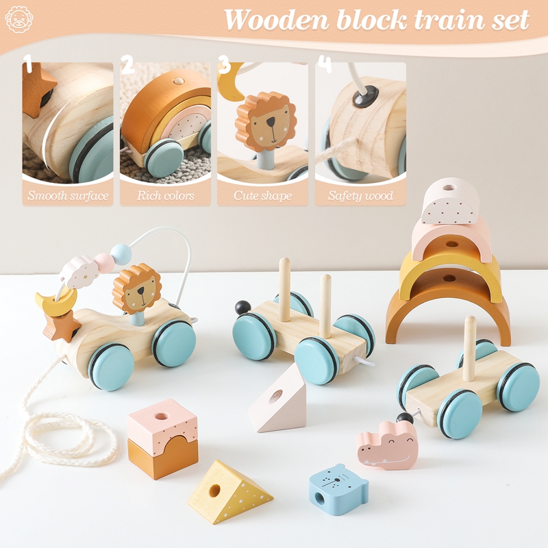 木製モンテッソーリおもちゃ動物ブロック列車ビルディングブロッ - Kids Toys 2 Year Old のレビューと価格